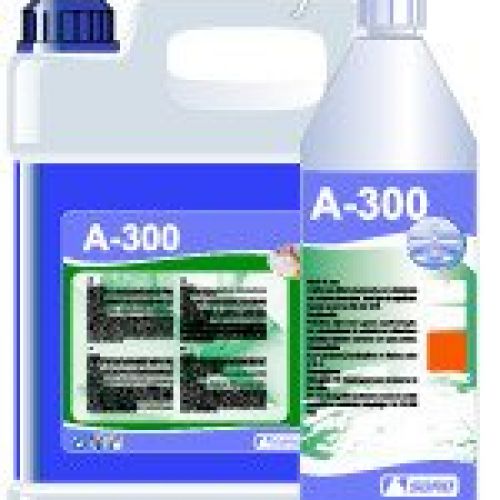 A 300  Limpiador desinfectante BACTERICIDA FUNGICIDA ALCALINO. Principio activo: AMONIO CUATERNARIO. Bactericida de uso directo por pulverización.Idóneo ÁREAS ALIMENTARIAS. Para baldosas, plástic,, superficies donde no afecte la alcalinidad.