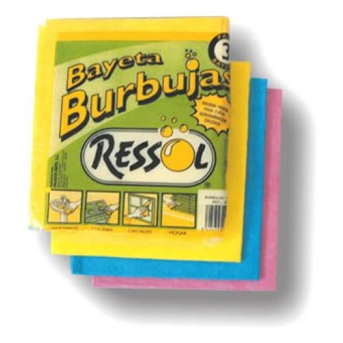 Ref. 00510. Bayeta “Burbujas 3” “Colores” RESSOL. Pack 3 unidades azul, rosa y amarilla de 36x38 cm.  Bayeta multiusos perfecta para empresas de limpieza y hostelería con un precio súper competitivo. Para limpieza de todo tipo de superficies.