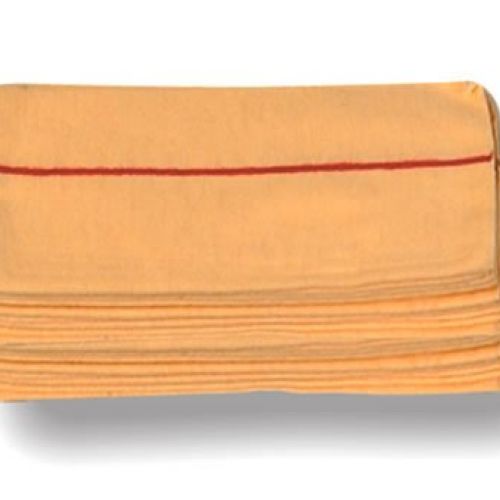 Ref. 00654. Gamuza Amarilla (Raya Roja). 40 x 40 cm. “Docenas”  Especial para captación de polvo, limpieza en seco o ligeramente húmeda.  Por su sistema de tejido, ofrece gran resistencia y duración.