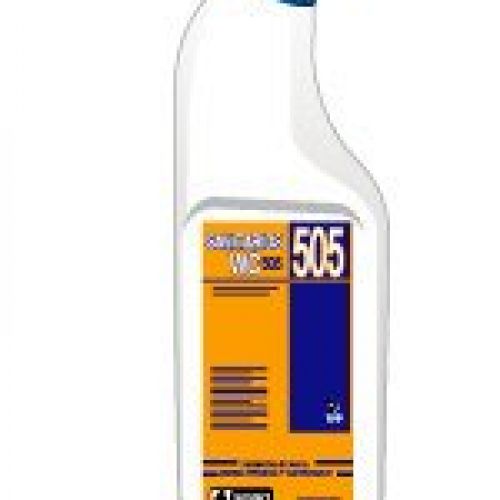 WC 505. Limpiador de inodoros anticalcáreo con efecto desodorante. Limpia, desincrusta y desodoriza inodoros y todo tipo de sanitarios. Perfume aroma manzana de gran persistencia. Botella de 750 ml.