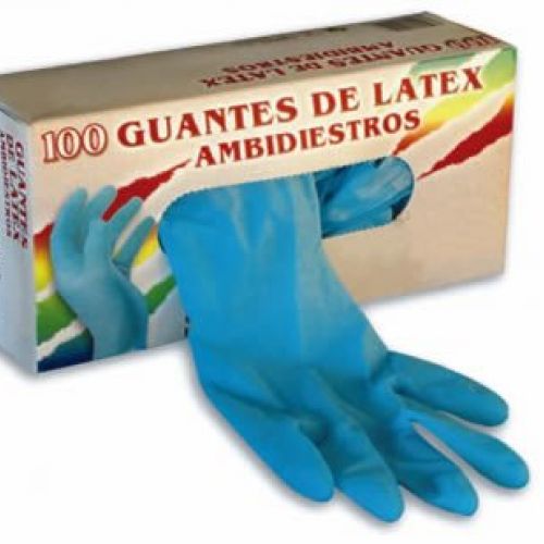 Guantes Látex AZUL Tallas Pequeña, Mediana y Grande. Ligeramente empolvados. No estériles. Ambidiestros. Látex Natural AZUL. Un solo uso. Superficie rugosa en dedos y resto lisa. Presentados en dispensadores con 100 unidades.CE Cat I Mínimos riesgos